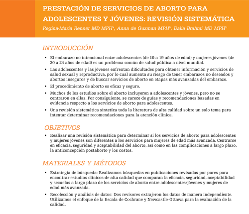 Prestacíon de servicios de aborto para adolescentes y jóvenes: Revisión sistemática Prestacíon de servicios de aborto para adolescentes y jóvenes: Revisión sistemática