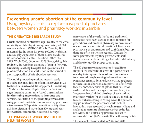 Preventing unsafe abortion at the community level: Using mystery clients to explore misoprostol purchases between women and pharmacy workers in Zambia Preventing unsafe abortion at the community level: Using mystery clients to explore misoprostol purchases between women and pharmacy workers in Zambia