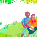 An illustration featuring five people sitting on a grassy field under a canopy of vibrant trees. Colorful flowers bloom nearby. The group is in a relaxed conversation, surrounded by greenery, displaying a scene of harmony and nature.