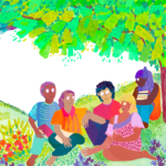 An illustration featuring five people sitting on a grassy field under a canopy of vibrant trees. Colorful flowers bloom nearby. The group is in a relaxed conversation, surrounded by greenery, displaying a scene of harmony and nature.