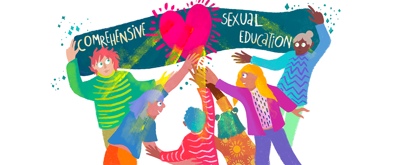 Colorful illustration of six diverse people raising their hands together toward a banner that says "Comprehensive Sexual Education" with a heart symbol in the middle. The individuals appear happy and unified in their support for sexual education.