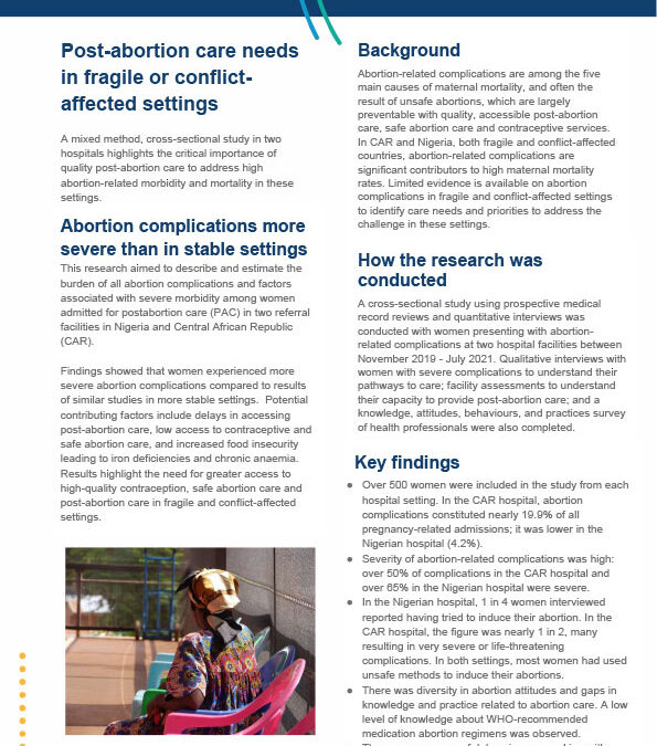 Post-abortion care needs in fragile or conflict-affected settings