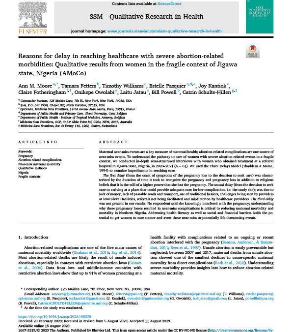 Reasons for delay in reaching healthcare with severe abortion-related morbidities: Qualitative results from women in the fragile context of Jigawa state, Nigeria (AMoCo)