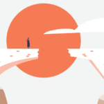 An illustration shows a person standing on the edge of a partially constructed bridge connecting two cliffs. The background features a large, orange sun and a cloudy sky. The incomplete bridge, possibly symbolizing the gap in addressing climate change, appears to be made of white bricks.