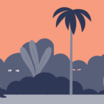 Illustration of a person walking while carrying a bucket on their head, set against a backdrop of stylized trees and bushes. Eyes peek out from the dark foliage under an orange sky, creating a mysterious ambiance that sparks conversations about climate change and its impact on vulnerable communities.