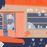 Illustration of a damaged pharmacy building with broken windows and cracks in the walls. Fallen leaves and debris, possibly due to climate change, litter the ground outside. The pharmacy sign is partially broken, and several pill bottles and packaging can be seen scattered within and outside.