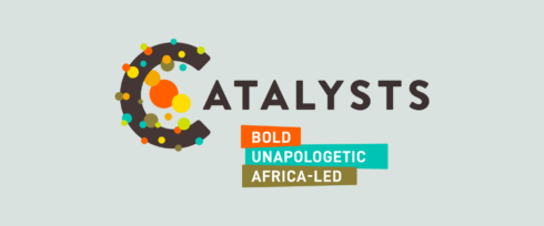 A logo with a large, stylized letter 