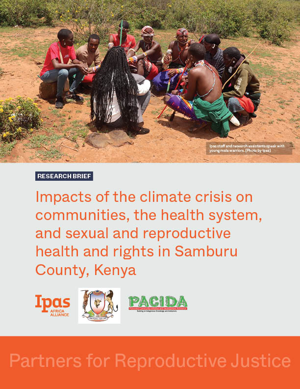 A group of individuals sit in a circle outdoors, engaging in discussion. The image, titled “Impacts of the climate crisis on communities” from a research brief, includes logos of Ipas Africa Alliance and other organizations at the bottom. A group of individuals sit in a circle outdoors, engaging in discussion. The image, titled "Impacts of the climate crisis on communities" from a research brief, includes logos of Ipas Africa Alliance and other organizations at the bottom.