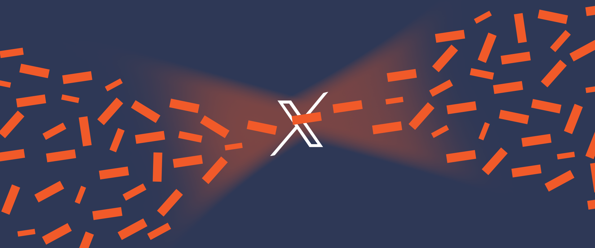 A dark blue background features an abstract design with orange rectangular shapes scattered across the image. A central white "X" logo is intersected by one of the orange rectangles, creating a sense of movement and interaction.