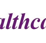 A purple caduceus symbol next to the word "healthcare" in purple italic font, on a light gray background.