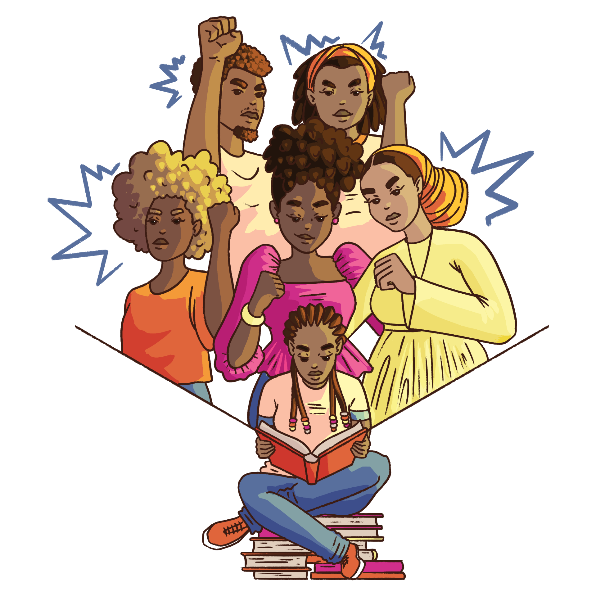 Read to Resist illustration by Joanne Muema Illustration of a group of six diverse people with raised fists, standing over a young individual reading a book. The reader sits cross-legged on a stack of books, highlighting themes of empowerment and knowledge.
