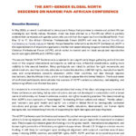 A conference summary document titled “The Anti-Gender Global North Descends on Nairobi Pan-African Conference,” with highlighted headers and text discussing anti-gender conference actors, African sovereignty, and reproductive rights.