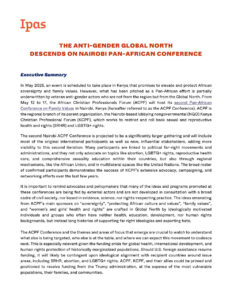 A conference summary document titled “The Anti-Gender Global North Descends on Nairobi Pan-African Conference,” with highlighted headers and text discussing anti-gender conference actors, African sovereignty, and reproductive rights.
