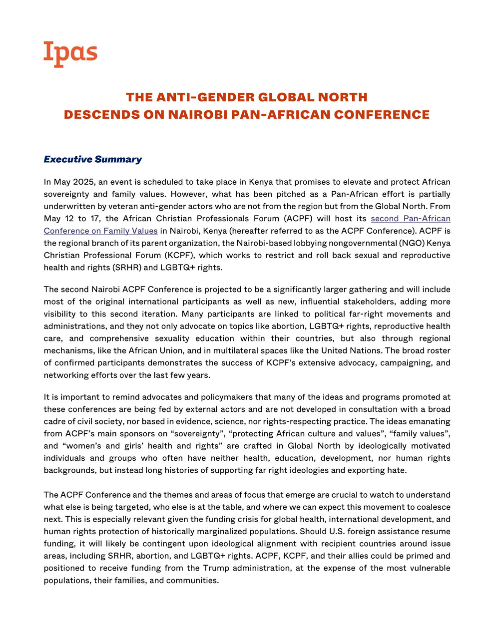 A conference summary document titled “The Anti-Gender Global North Descends on Nairobi Pan-African Conference,” with highlighted headers and text discussing anti-gender conference actors, African sovereignty, and reproductive rights.