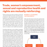 An infographic titled “Trade, women’s empowerment, sexual and reproductive health and rights are mutually reinforcing.” It explains how empowering women and improving health supports economic growth, with a trade diagram showing key connections.