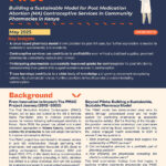 An infographic titled "Pharmacy First" summarizes a sustainable model for post-medication abortion contraceptive services in Kenya, including key insights, the PMAC project background, and future impacts for community pharmacies.