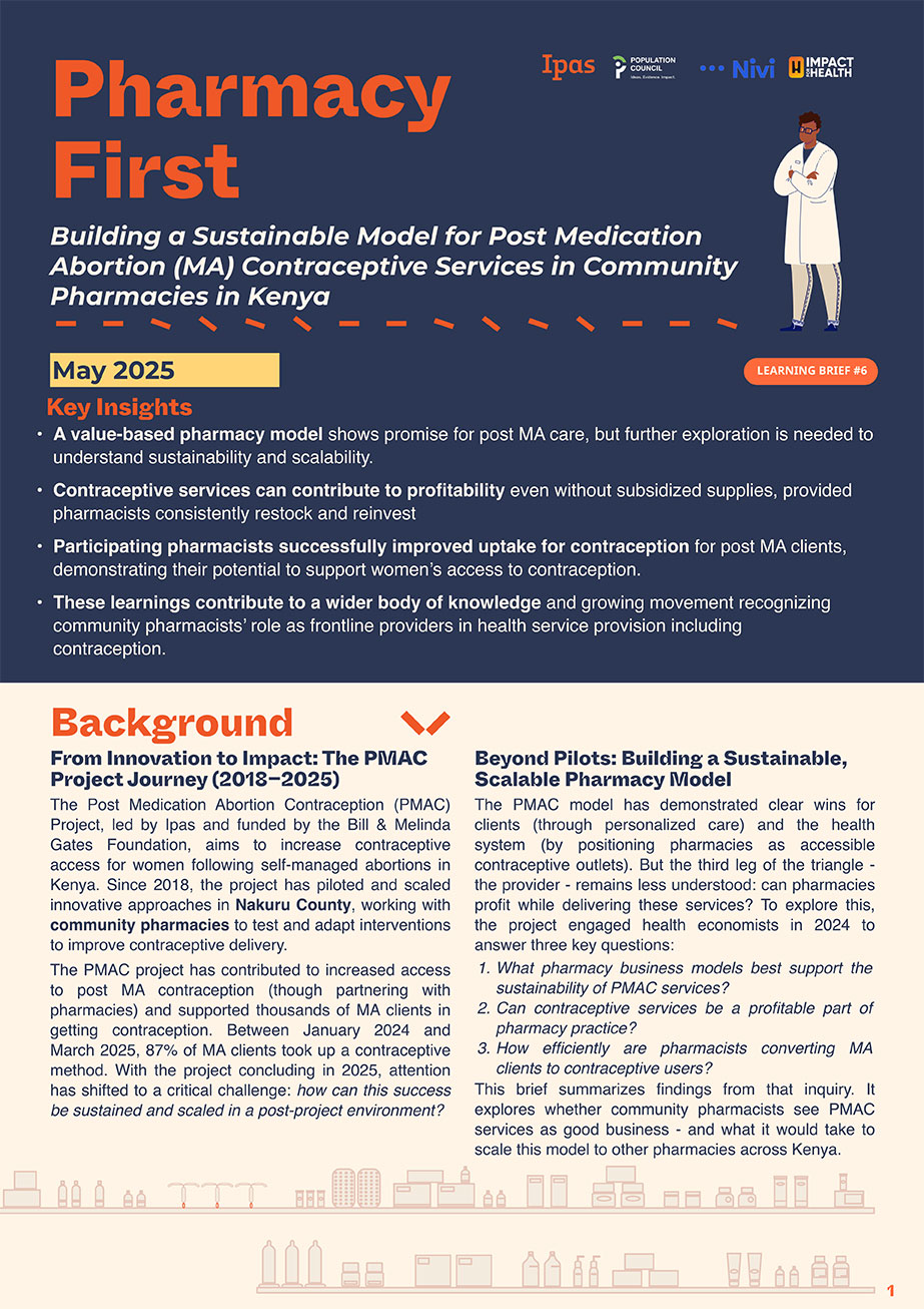 An infographic titled "Pharmacy First" summarizes a sustainable model for post-medication abortion contraceptive services in Kenya, including key insights, the PMAC project background, and future impacts for community pharmacies.