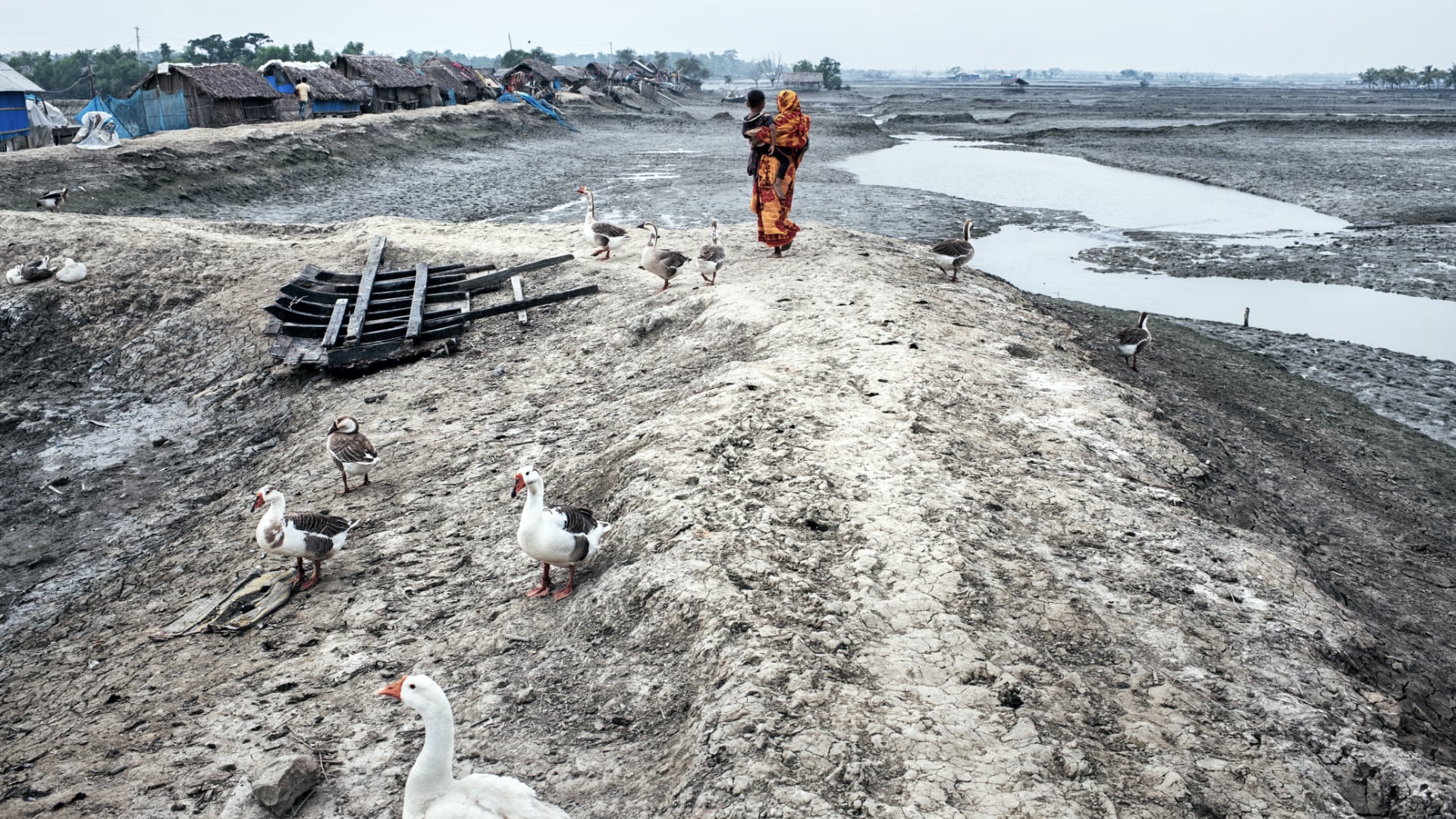 A woman in a bright orange sari walks along a dry, cracked riverbank scattered with white ducks and wooden planks, with small huts and a dried-up river in the background under a cloudy sky.