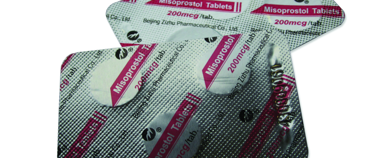 Silver blister packs labeled "Misoprostol Tablets 200 mcg" with pink and black text; some tablets have been removed from the packaging, commonly used for abortion with pills in Kinshasa.