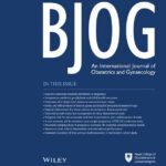 The cover of the BJOG journal features the title "BJOG: An International Journal of Obstetrics and Gynaecology" with a list of article topics in white text on a blue background, and logos of Wiley and the Royal College of Obstetricians & Gynaecologists.