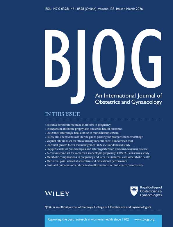 The cover of the BJOG journal features the title "BJOG: An International Journal of Obstetrics and Gynaecology" with a list of article topics in white text on a blue background, and logos of Wiley and the Royal College of Obstetricians & Gynaecologists.