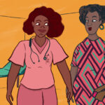 An illustration of a healthcare worker in pink scrubs holding hands with a woman and a young girl in patterned clothing, standing in a clinic room with posters on the wall and an exam table nearby.