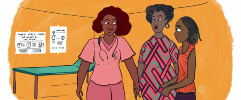 An illustration of a healthcare worker in pink scrubs holding hands with a woman and a young girl in patterned clothing, standing in a clinic room with posters on the wall and an exam table nearby.