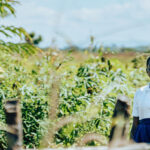 A young person in a white shirt and blue skirt stands outdoors in a green, rural area, holding leaves, with a blurred wooden fence and lush plants in the background.