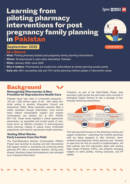 A flyer titled “Learning from piloting pharmacy interventions for post pregnancy family planning in Pakistan” summarizes project details, outcomes, and background with icons, small illustrations, and text blocks on a beige and yellow background.