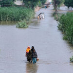 People walk through a flooded rural area surrounded by tall green grass and trees. The water covers the path, and more people are seen in the distance making their way through the flood.