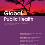 Cover of "Global Public Health" journal featuring a silhouette of a tree against a vibrant pink and purple sunset sky, with journal title and contributor names displayed in white text on a purple background.