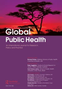 Cover of “Global Public Health” journal featuring a silhouette of a tree against a vibrant pink and purple sunset sky, with journal title and contributor names displayed in white text on a purple background. Cover of "Global Public Health" journal featuring a silhouette of a tree against a vibrant pink and purple sunset sky, with journal title and contributor names displayed in white text on a purple background.