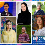 A colorful collage showing portraits of ten diverse WIN WIN 2026 Award and Youth Award finalists, including women in hijabs, traditional dress, and glasses, with names beside each photo on a vibrant, abstract background.