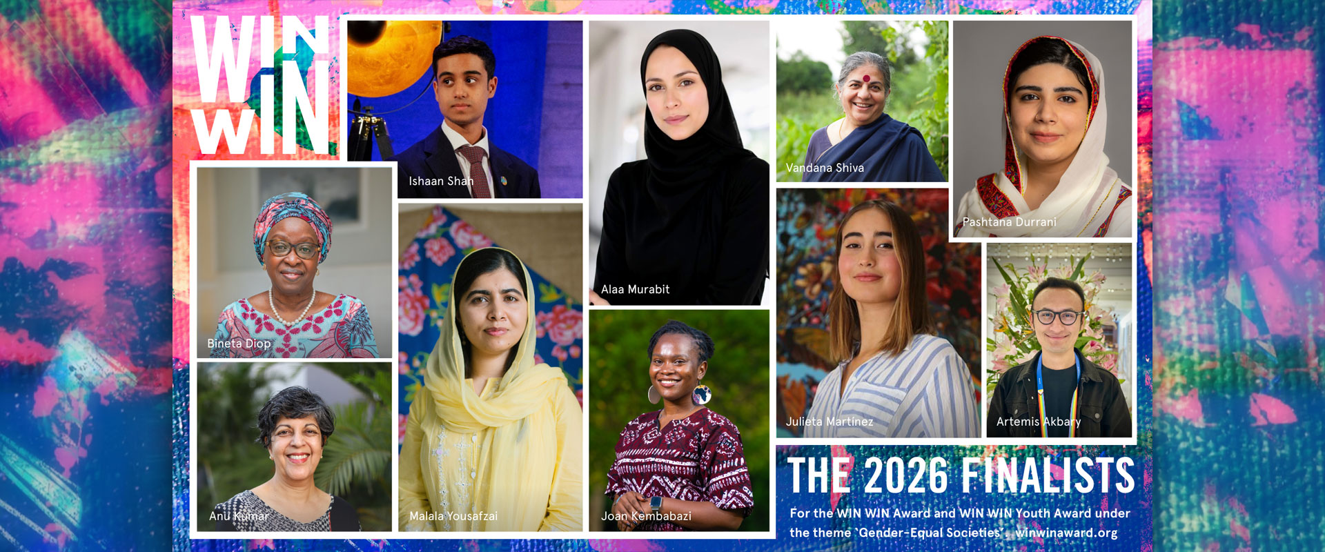 A colorful collage showing portraits of ten diverse WIN WIN 2026 Award and Youth Award finalists, including women in hijabs, traditional dress, and glasses, with names beside each photo on a vibrant, abstract background.