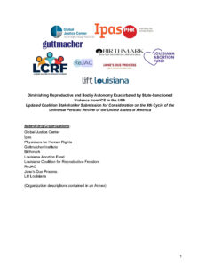 A document cover page with logos of organizations, including Global Justice Center, Ipas, PHR, Guttmacher, ReJAC, Birthmark, Jane’s Due Process, LCRF, and Lift Louisiana. The title discusses reproductive rights in the USA.