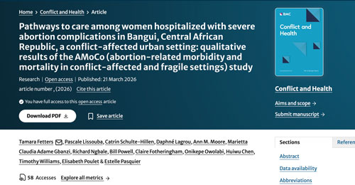 A journal article page titled “Pathways to care among women hospitalized with severe abortion complications in Bangui, Central African Republic…” shown on the Conflict and Health website, with author names and a download PDF button.