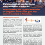 A flyer detailing efforts in Kinshasa to combat gender-based discrimination in schools, highlighting the right to education for pregnant adolescents and young mothers. Includes a photo of students in uniform sitting in a classroom.