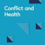 Cover of "Conflict and Health" journal by BMC, featuring geometric shapes in dark blue and light blue on a turquoise background, with white text and logos for BMC and Springer Nature.