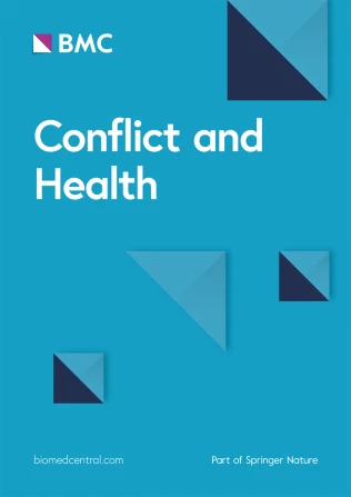 Cover of "Conflict and Health" journal by BMC, featuring geometric shapes in dark blue and light blue on a turquoise background, with white text and logos for BMC and Springer Nature.