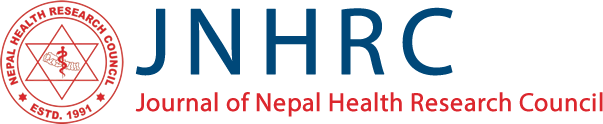 Logo of the Journal of Nepal Health Research Council, featuring a red emblem with a caduceus and star, alongside the text "JNHR" and "Journal of Nepal Health Research Council.