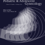 The cover of the Journal of Pediatric & Adolescent Gynecology features overlapping white silhouettes of a young female profile on a dark blue background, with journal title and editor's name in white text.