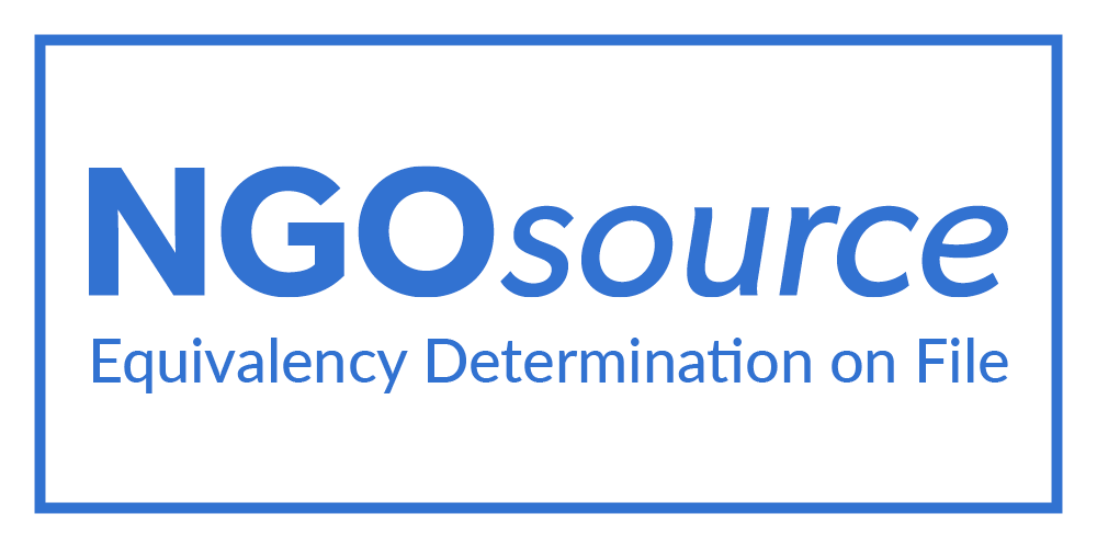 Blue text reads "NGOsource" with "Equivalency Determination on File" underneath, all enclosed in a simple blue rectangular border on a white background.