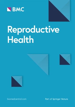 Cover of the journal "Reproductive Health" by BMC, featuring a blue background with geometric shapes and the BMC logo at the top left. Text reads: "Reproductive Health.