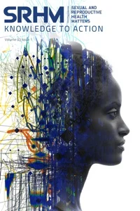 Profile of a woman in grayscale, overlaid with colorful abstract lines and splashes; text above reads "SRHM Sexual and Reproductive Health Matters: Knowledge to Action.
