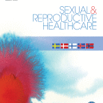 Cover of the journal "Sexual & Reproductive Healthcare" featuring abstract blue and red watercolor art, five Scandinavian flags, and the Elsevier logo in the top left corner.