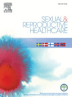 Cover of the journal "Sexual & Reproductive Healthcare" featuring abstract blue and red watercolor art, five Scandinavian flags, and the Elsevier logo in the top left corner.