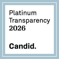 Square badge with a light blue border. Inside, black text reads "Platinum Transparency 2026" with "2026" in bold. At the bottom, bold text reads "Candid.
