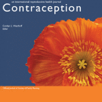 Cover of the journal "Contraception" featuring a close-up image of an orange flower with a yellow center on a blue background. The title and journal details are displayed at the top.