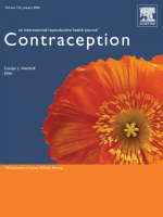Cover of the journal "Contraception" featuring a close-up image of an orange flower with a yellow center on a blue background. The title and journal details are displayed at the top.