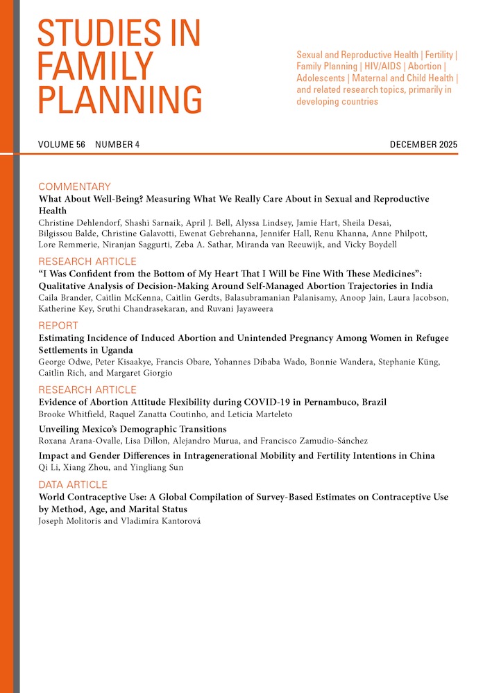 Cover of "Studies in Family Planning" journal, Volume 56, Number 4, December 2025, listing articles on reproductive health, abortion, contraceptive use, COVID-19, and migration health, with headers in orange and pink text.